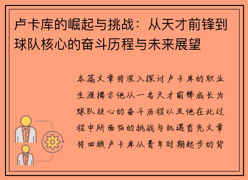 卢卡库的崛起与挑战：从天才前锋到球队核心的奋斗历程与未来展望